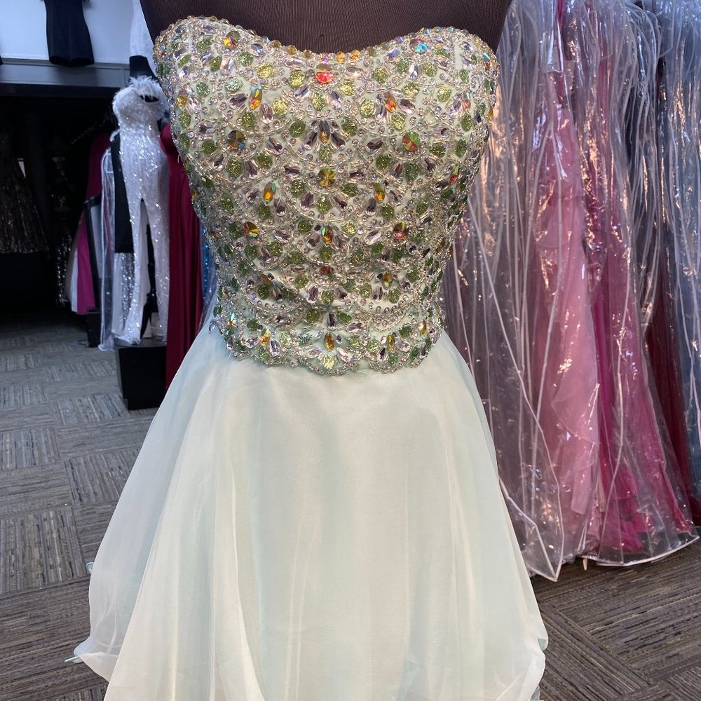 MORILEE SHORT mini DRESS mint and cream layers rhinestone beading 9255 sz 16